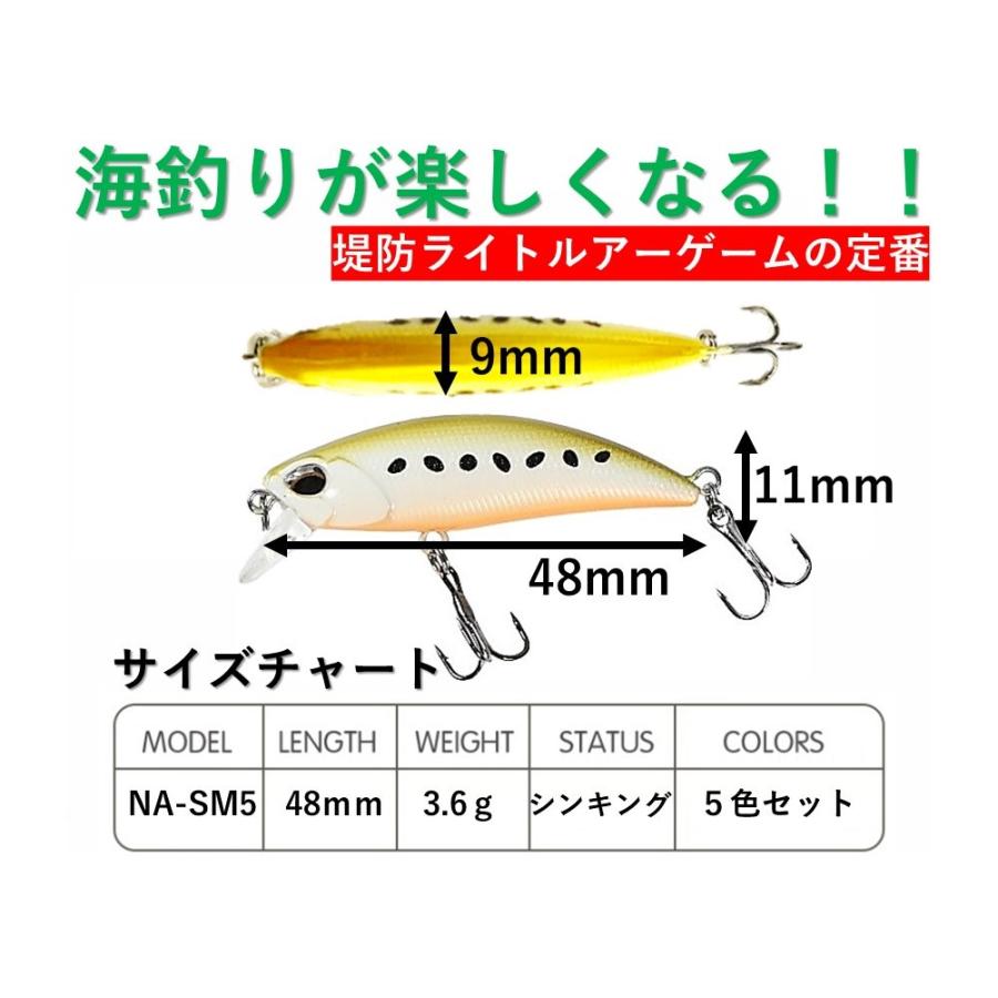 釣具ルアー 3.6g シンキングミノー 5色 ルアーセット ソルトミノー