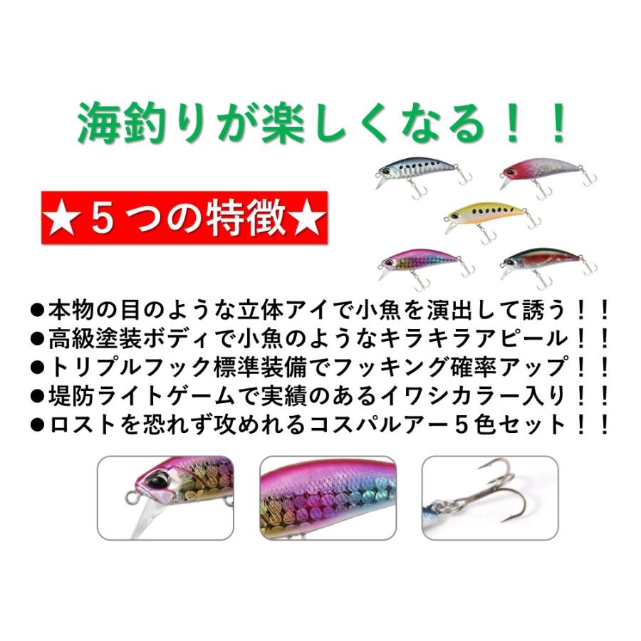 釣具ルアー 3.6g シンキングミノー 5色 ルアーセット ソルトミノー