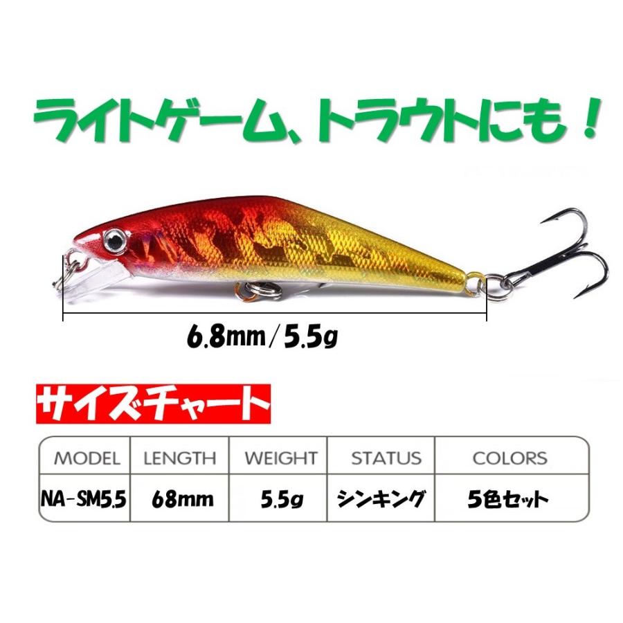 釣り具 ルアー 5.5g ヘビーシンキングミノー 6.8cm 5色 ルアーセット ソルトミノー 堤防ライトゲーム シーバス ヒラメ 青物 トラウトに :na0055:ナイトアーミー NightArmy 通販 大型トラウト用 D系 8色セット シンキング ミノー ニジマス コンタクト