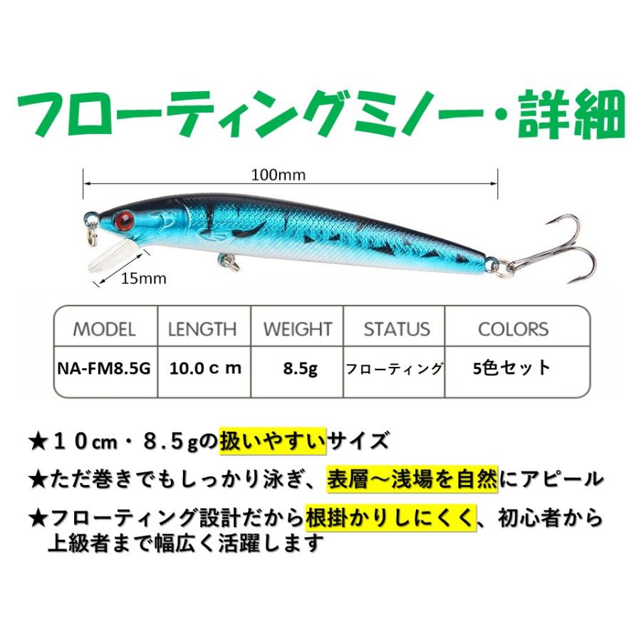 釣具ルアー 8.5g 10cm フローティングミノー 5色入り ルアー セット