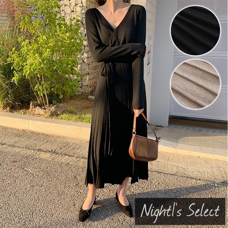 ニットワンピース Vネック プリーツ 切替え ロング ミモレ 膝下丈 レディース 黒 ブラック ベージュ 長袖 春 秋 冬 体型カバー 着痩せ 3596 パーティードレス通販ナイトワン 通販 Yahoo ショッピング