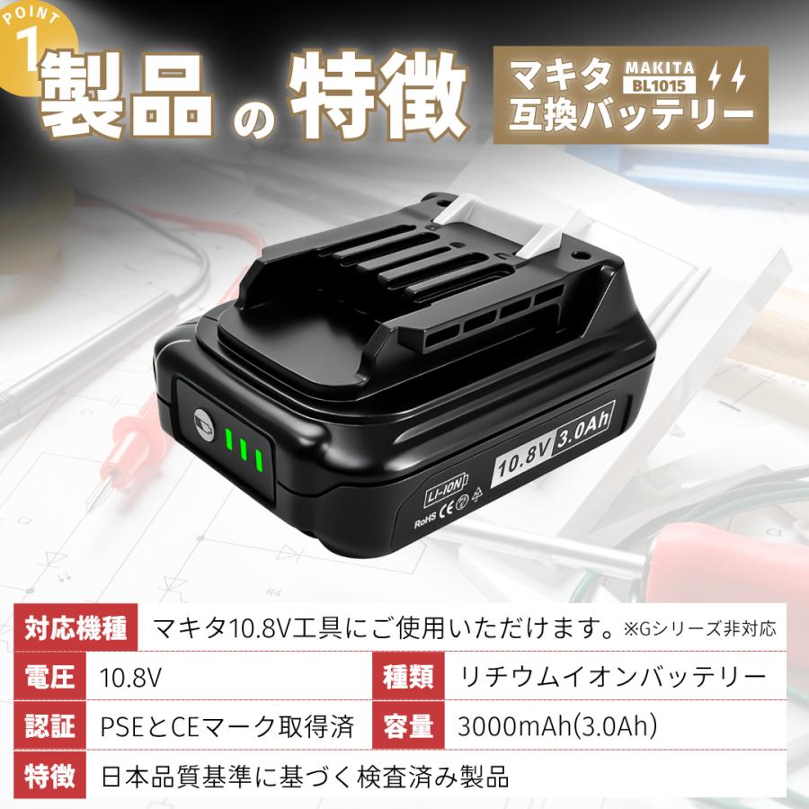 Longsafe マキタ 互換 10.8V バッテリー 充電器セット BL1015 DC10SA 1