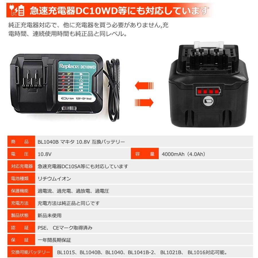 マキタ makita 互換 バッテリー BL1040B 10.8v 4.0Ah 掃除機 残量表示  