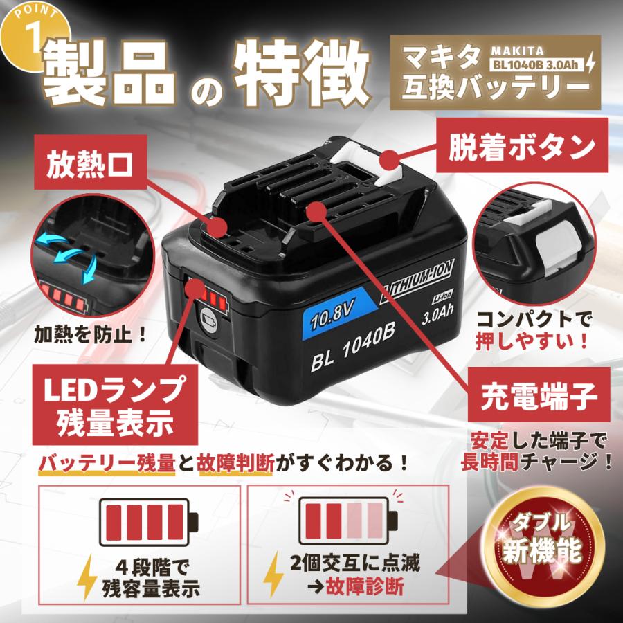 マキタ（makita） 10.8V バッテリー BL1040B 3.0Ah 2個 残量表示 PSE