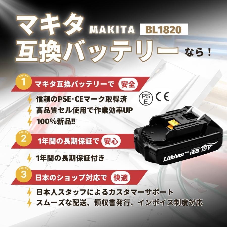 マキタ 互換品 BL1820  バッテリー 2個セット  18V 2.0Ah 軽量 掃除機 PSE認証 コンパクト 保護回路 電動工具 純正充電器対応  (BL1820/2個) | マキタ | 03