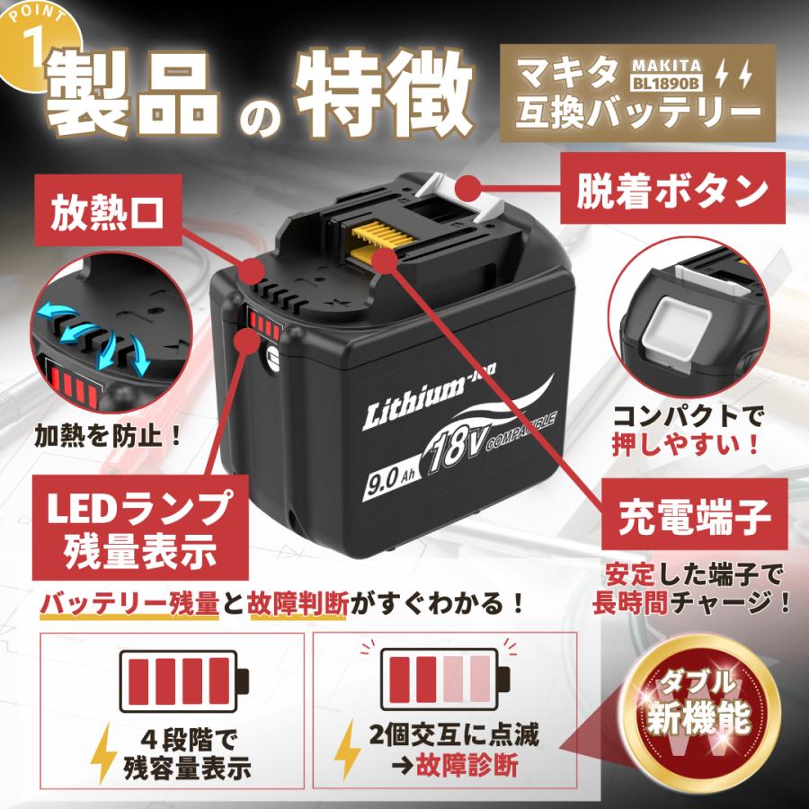 マキタ（makita） 互換 18V バッテリー BL1890B 9.0Ah 2個セット 残量