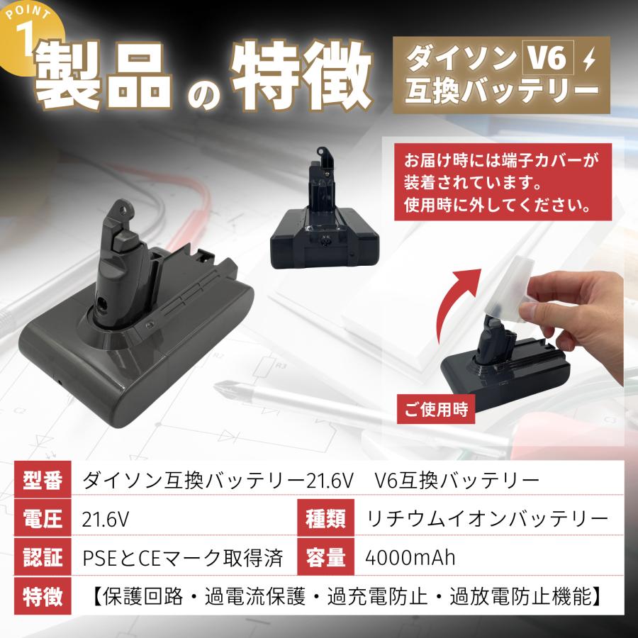 Dyson（ダイソン） V6 バッテリー 4000mAh 互換 SV07 SV08 SV09 21.6V