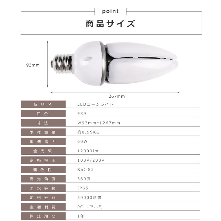 4個セット LEDコーンライト E39 60W 400W相当 超高輝度12000lm IP65 トウモロコシ型 コーン型LED LED水銀灯ランプ 100V 200V 密閉型器具対応 街路灯 倉庫 船舶の画像