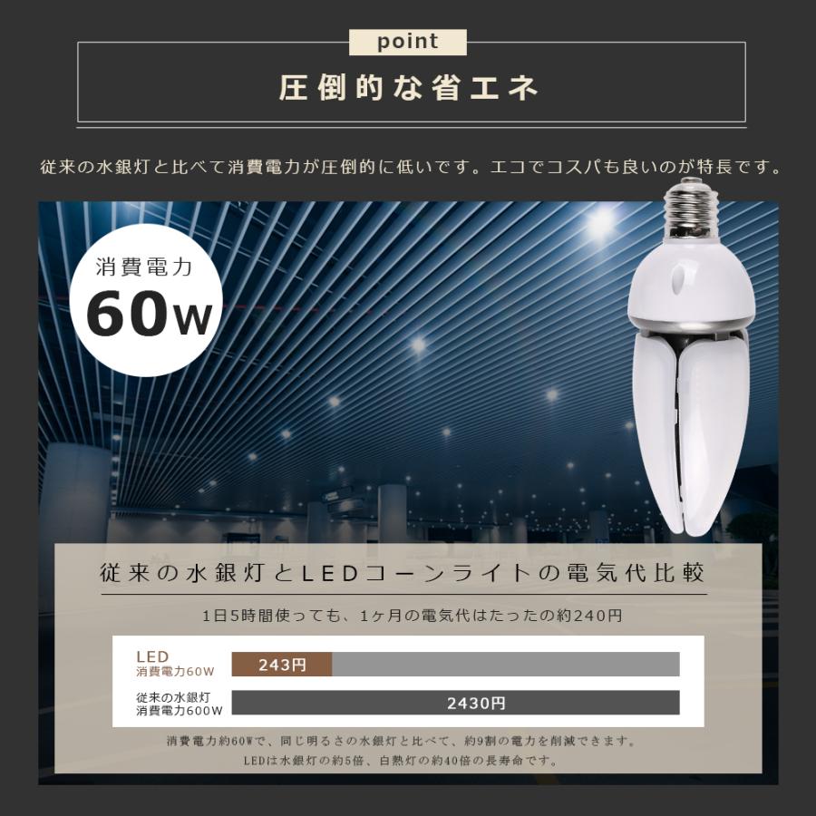 4個セット LEDコーンライト E39 60W 400W相当 超高輝度12000lm IP65 トウモロコシ型 コーン型LED LED水銀灯ランプ 100V 200V 密閉型器具対応 街路灯 倉庫 船舶の画像