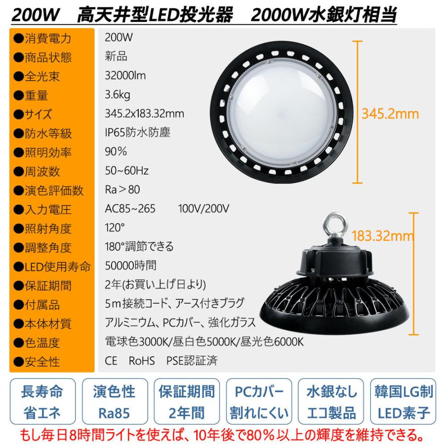 【爆売り！】 円形投光器 UFO形 led高天井灯 led投光器 吊り下げ型 広角ライト led照明器具 高天井/倉庫/工場照明 作業灯 2000w相当 消費電力200w 二年保証【昼光色】