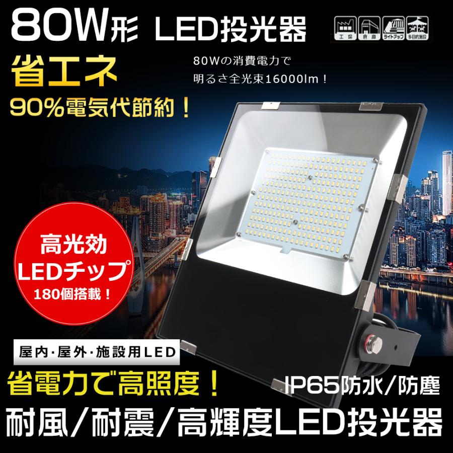 LED 投光器 薄型 超高輝度 80W 16000LM 昼光色 6000K LED作業灯 LED投光器 LED照明 屋外 防水 ワークライト ...