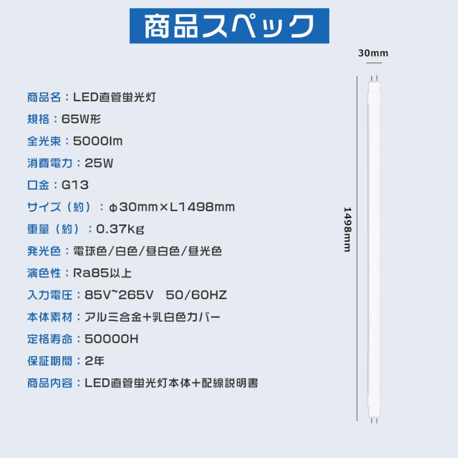 LED蛍光灯 65形 直管 1498mm グロー式工事不要 消費電力25W 昼光色