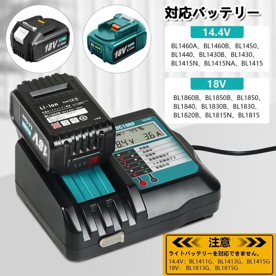 マキタ makita 互換 充電器 DC18RF 急速充電器 14.4V 18V チャージャー BL1430B BL1460B BL1830B BL1850B BL1860B DC18RC DC18RA DC18RD (DC18RF 1個)｜nihon-s｜06