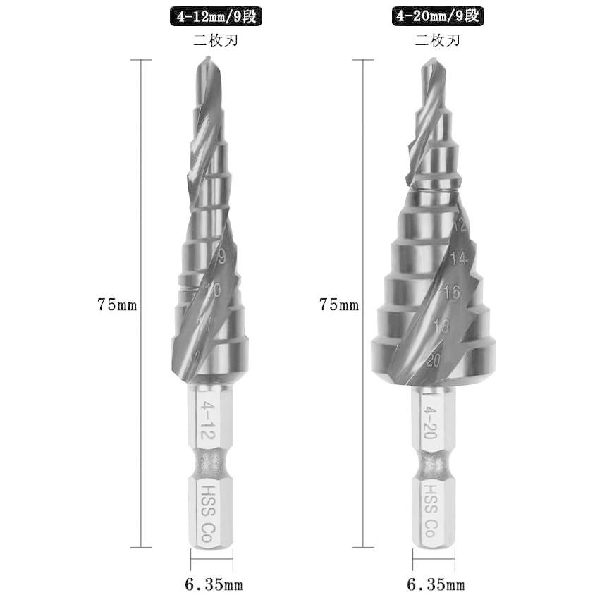 電動ドリル 高強度 ステップドリル ステンレス用 鉄 鉄工用 穴あけ 六角軸 六角 ステップドリルビット チタン アルミ スパイラル たけのこ 2種類 (SDB201)｜nihon-s｜05