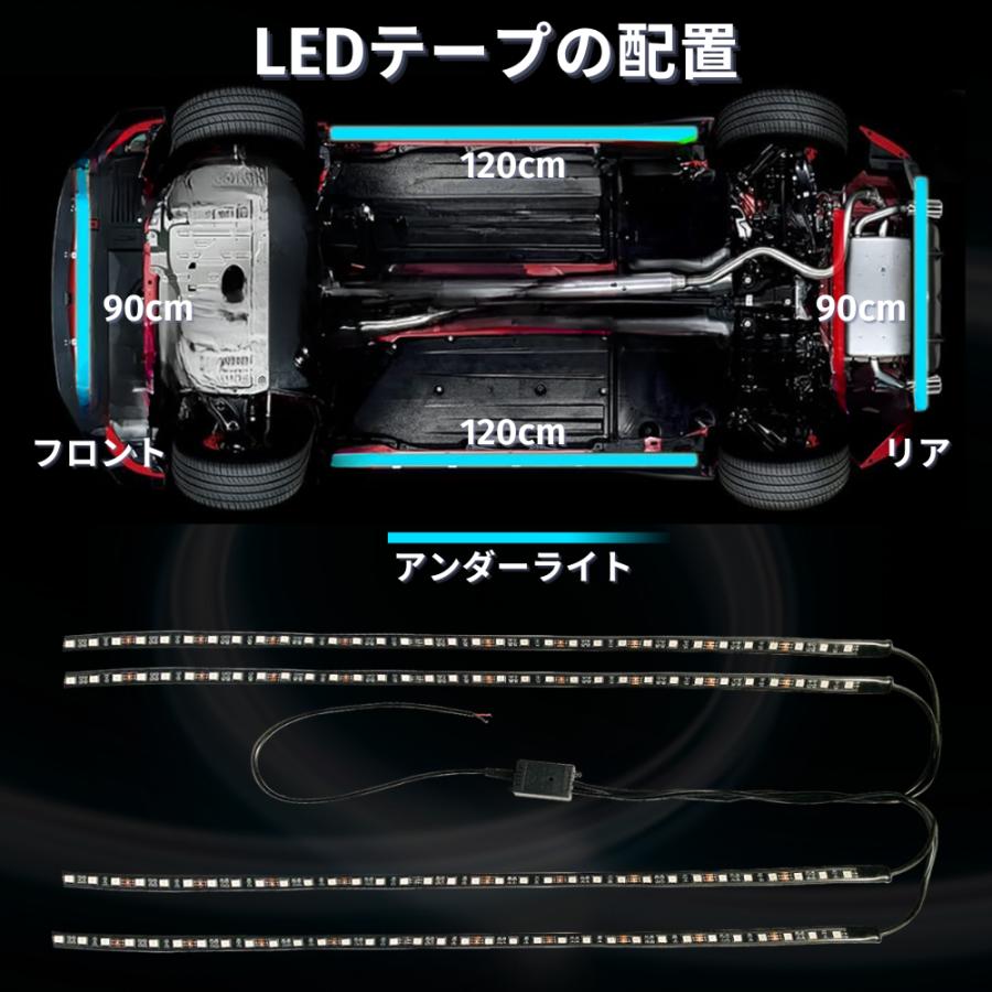 LED テープライト アンダー Mサイズ 4本セット  車 ライトバー 12V イルミネーション サウンドセンサー フルカラー 防水 IP67 リモコン スマホ カー用品 (C401M) | Longsafe | 02