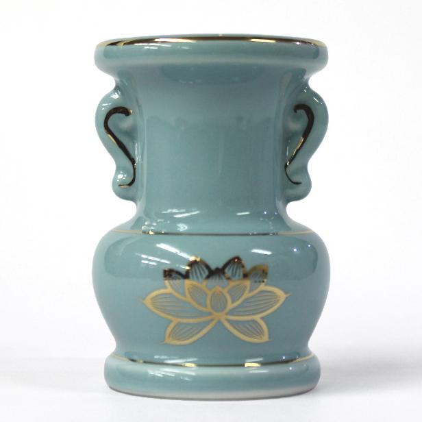 仏具 陶器製 花立「セト花立 3寸」青磁上金蓮 花瓶 仏具用品 : お仏壇