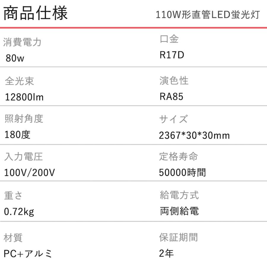2セット LED蛍光灯 直管 110W形 240cm 14400lm  led直管 LED照明器具 消費電力80W FL110 R17D口金 グロー式工事不要 直管型LEDランプ 屋内照明  昼光色_8