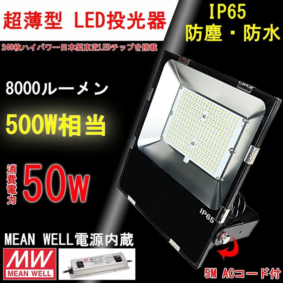 LED投光器 50W 500W相当 薄型 防水 LEDライト 作業灯 防犯 ワーク