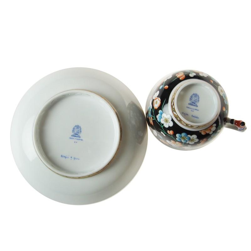 ヘレンド　シノワズリーポットとお茶碗蓋付き2つ ヘレンド（HEREND） 並行輸入品 シノワズリ PFNC 黒地紅梅 二人用