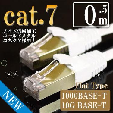 LANケーブル cat7 0.5m ストレート フラット カテゴリー7 ホワイト ゴールドメタルコネクタ メール便等送料無料｜nihonsen