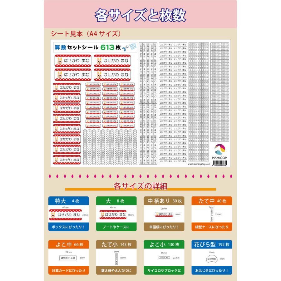お名前シール 算数セットカラー 613枚 A4サイズ 入学 入園 防水 お