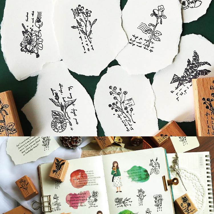 木製スタンプ ビンテージ風植物スタンプ5種 小さなスタンプ