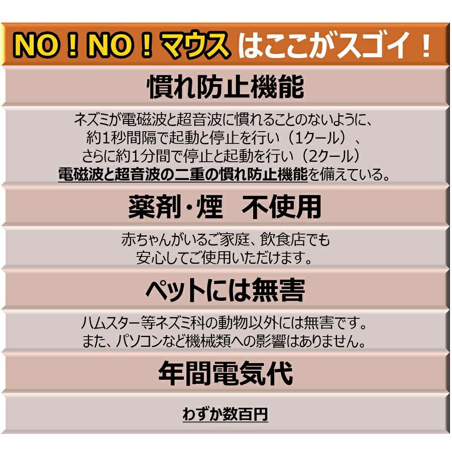 NO!NO!マウス 日本製 70坪対応 ノーノーマス ネズミ退治 ネズミ除去 超音波 撃退器 電磁波W効果 超音波・電磁波W効果 ネズミ対策器 害獣駆除 AC電源_4