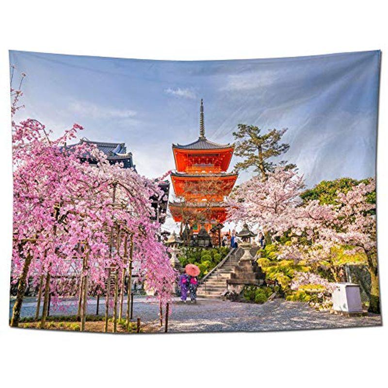 Onkemu 自然風景 タペストリー 桜 多機能壁掛け 壁飾り インテリア おしゃれ 寺 青い空 背景布 ポスター壁飾り寝室 部屋の壁飾り布 沸騰ブラドン
