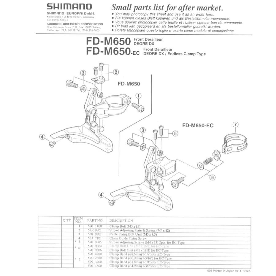 Dérailleur Avant Shimano Deore DX FD-M650 - VTT 7 Vitesses - Tirette Inférieure - Japon