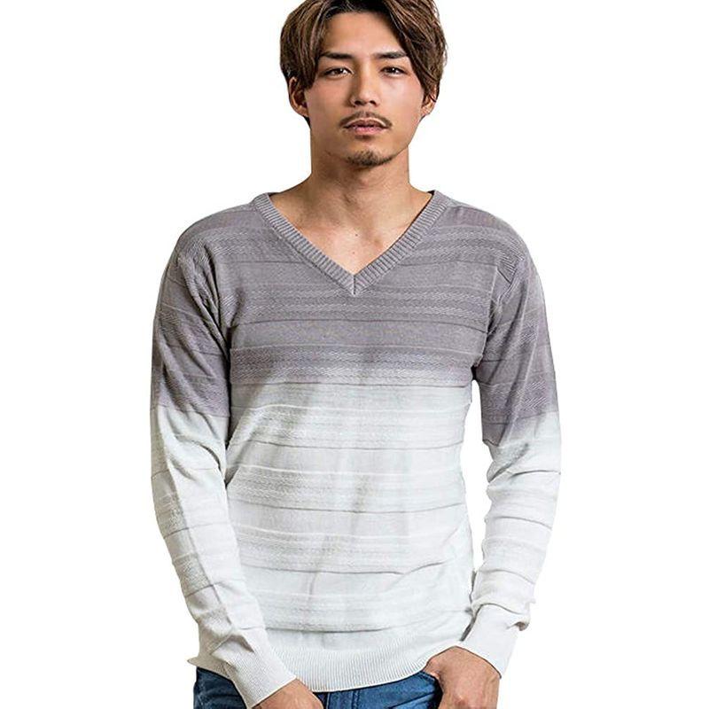日本限定 グラデーション ボーダー Vネック ニット セーター メンズ キャバリア Cavaria 長袖 1 46 L Cast 16 12g セーター トレーナー Raffles Mn