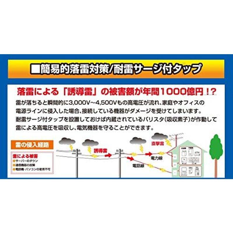 エルパ (ELPA) サージ付タップ コンセント 雷ガード 3個口 耐雷 125V 15A 個別スイッチ A-S500B(W)｜nijinoshopred｜02