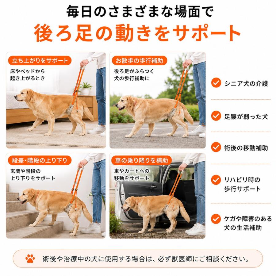 犬用 歩行補助ハーネス 後ろ足用 介護 2段持ち手 老犬 シニア犬