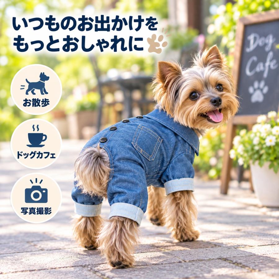 X犬服 ロンパース デニム風 つなぎ 四脚 ドッグウェア XS 小型犬 背中