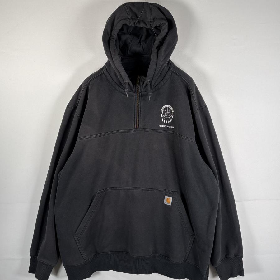 希少 企業ロゴ カーハート ハーフジップ パーカー 黒 XLレインディフェンダー Carhartt（カーハート） 古着 パーカー ハーフジップ ワンポイントロゴ
