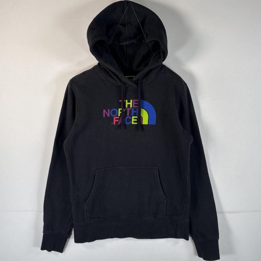 ノースフェイスフードパーカーレディースMブラック黒 ビッグプリントロゴ 美品 THE NORTH FACE - ノースフェイス プリント スウェット フード