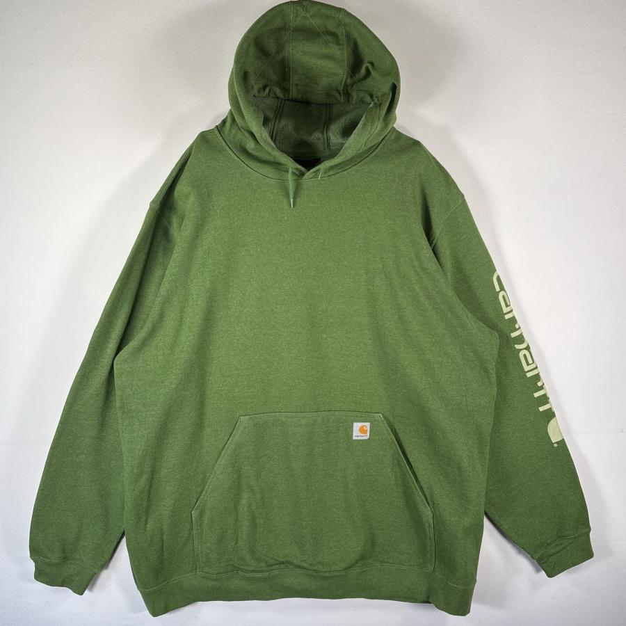 【90s 古着】カーハート ワンポイントロゴ パーカー ライムグリーン Carhartt（カーハート） 古着 パーカー スウェット 袖ロゴプリント