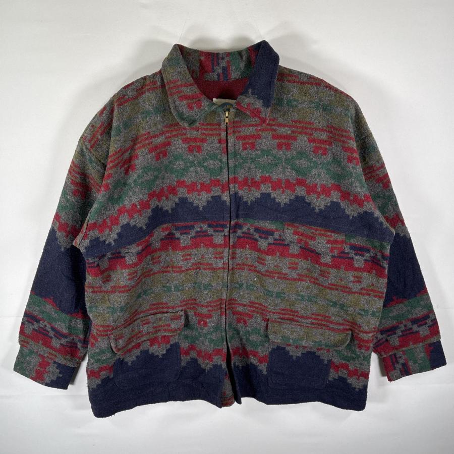 古着 90s/90年代  KUJJUAK ウールジャケット フルジップ ネイティブ柄 マルチカラー カーディガン 大きいサイズ XXL  グレー メンズ 古着 90's/90年代 KUJJUAK ウールジャケット フルジップ ネイティブ柄