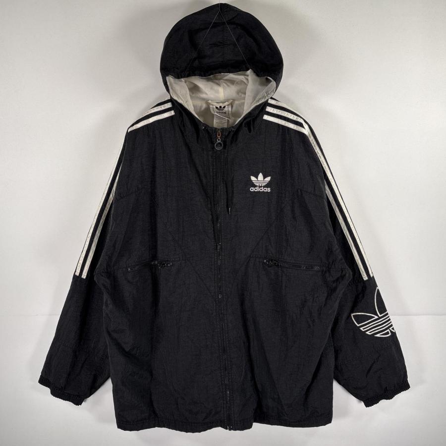 古着 90s/90年代 アディダス adidas ナイロンジャケット トレフォイルロゴ パーカー 袖ビッグロゴ 大きいサイズ XL  ブラック メンズ adidas（アディダス） 古着 90's/90年代 ナイロンジャケット
