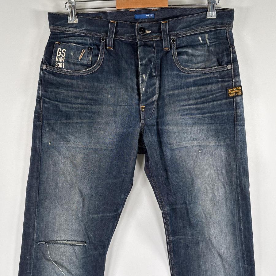 古着 ジースターロゥ G-STAR RAW デニム パンツ ボタンフライ ストレート ワンポイントロゴ ダメージ加工 w32 L34  ネイビー系 メンズ 古着 ジースターロゥ G-STAR RAW イタリア製 デニムパンツ ダメージ