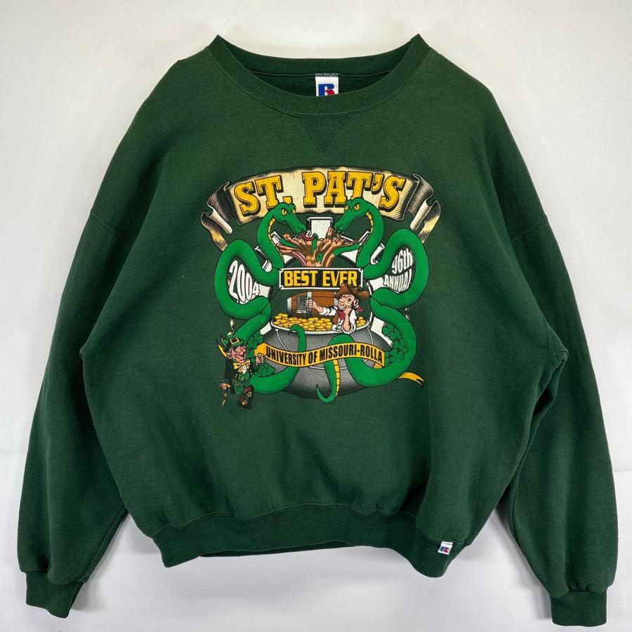 古着 90's/90年代 ラッセル Russell USA製 長袖 スウェット トレーナー クルーネック USA製 オーバーサイズ 大きいサイズ XXL  グリーン 無地 メンズ 古着 90's/90年代 ラッセル Russell スウェット トレーナー クルー