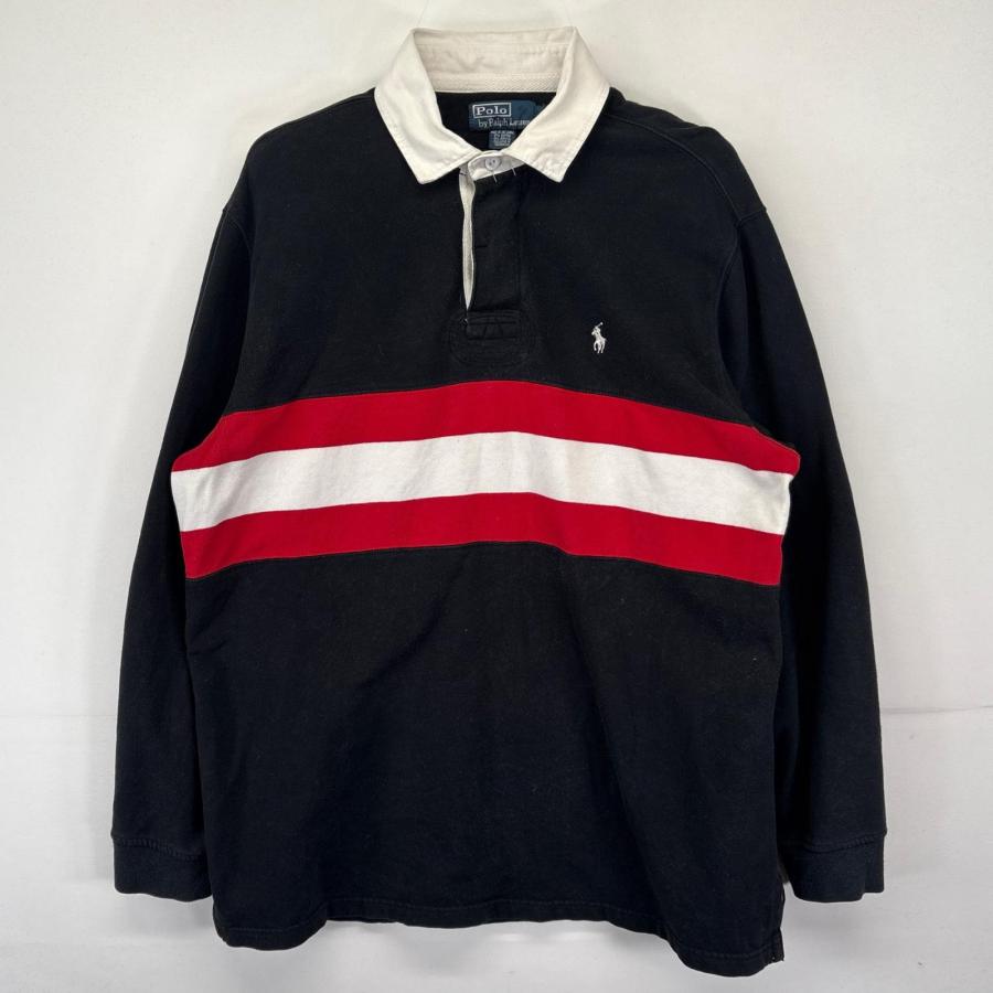 【※希少】ポロバイラルフローレン★刺繍ロゴ レトロ太ボーダー ラガーシャツ L 古着 ポロバイラルフローレン Polo by Ralph Lauren 長袖 ポロシャツ