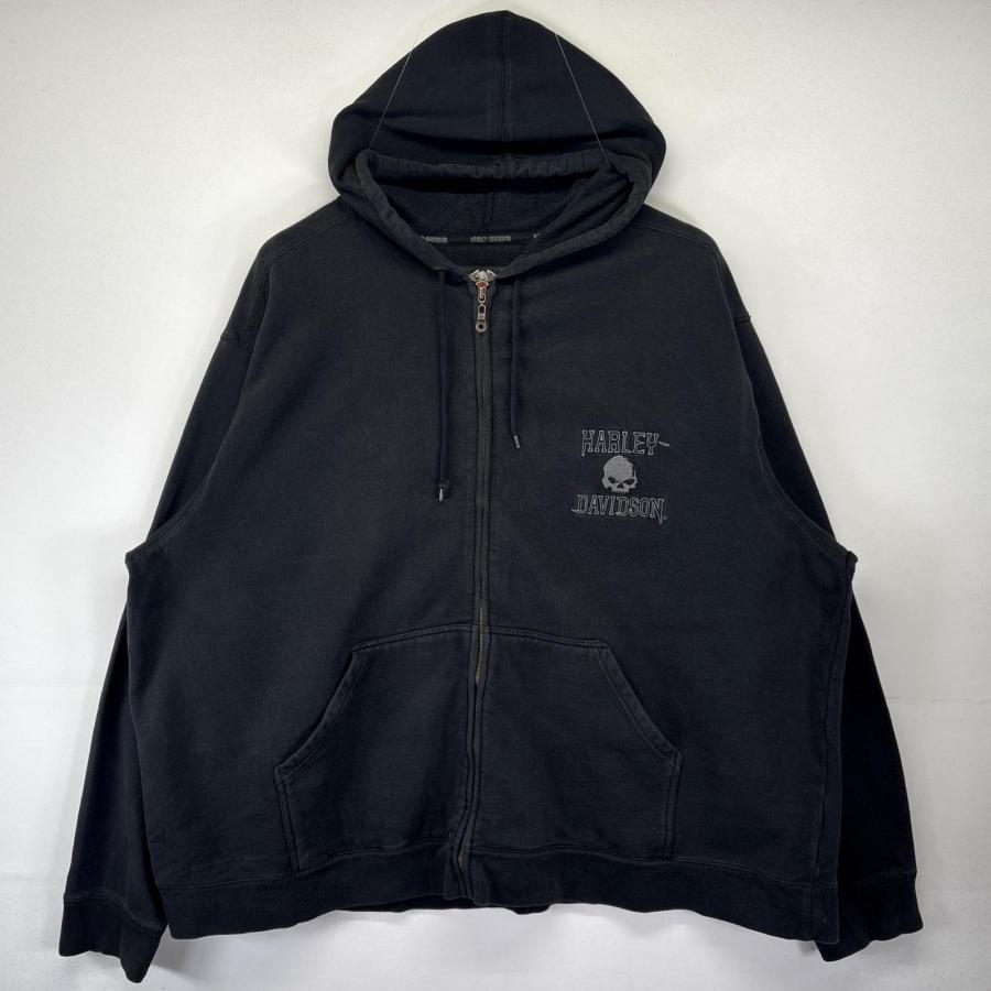 古着 ハーレーダビッドソン HARLEY DAVIDSON パーカー 大きいサイズ フルジップ ドクロ バイク ビックプリント 4XL  ブラック メンズ 古着 ハーレーダビッドソン HARLEY DAVIDSON パーカー 大きいサイズ