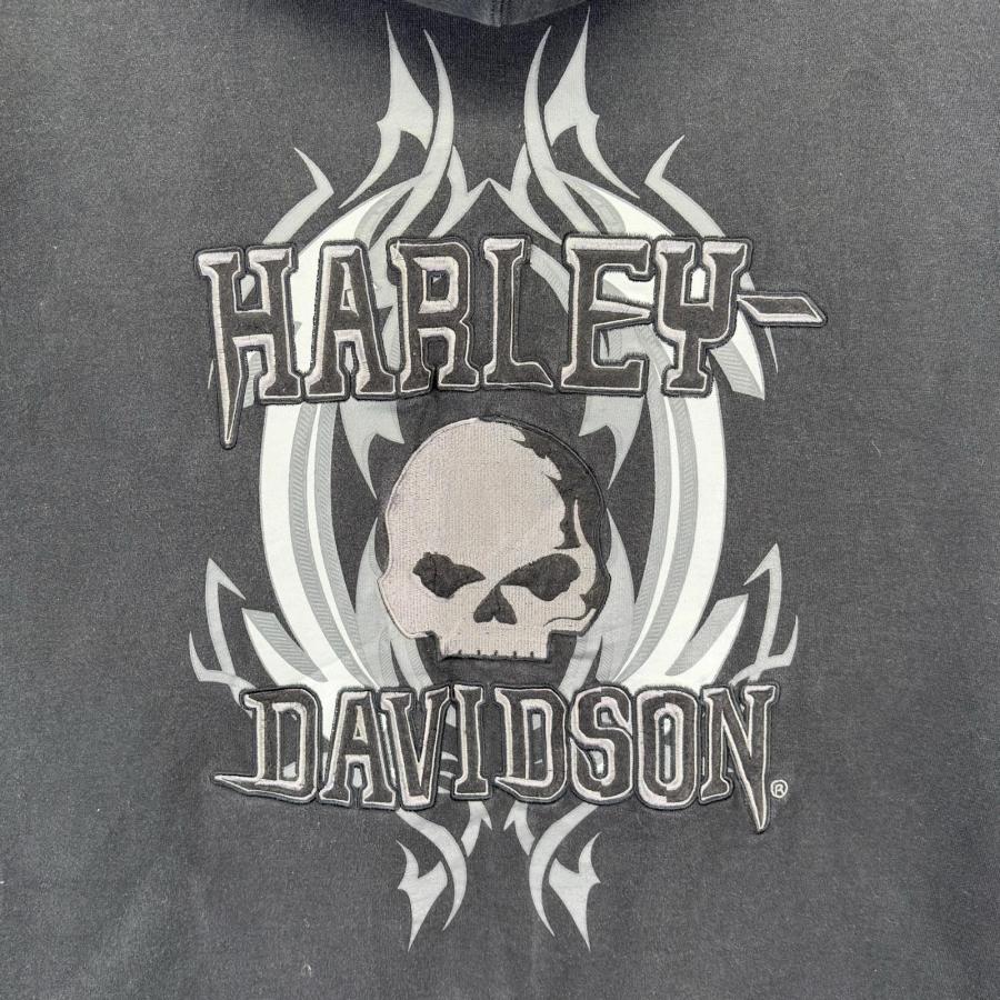 ハーレーダビッドソン パーカー スカル 骸骨 刺繍 スリーブロゴ グレー 2XL Harley Davidson - 古着 ハーレーダビッドソン Harley-Davidson ドクロ