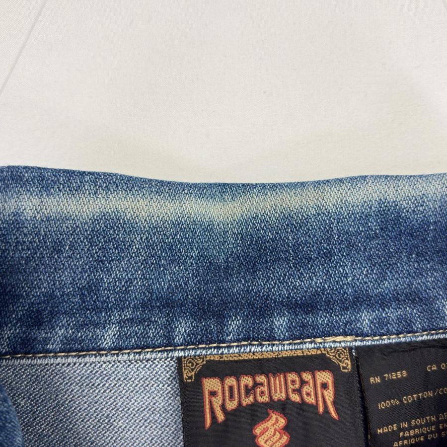 古着  ROCA wear デニムジャケット ロゴ刺繍 レザーパッチ ボックス 大きいサイズ 2XL  ブルー系 メンズ 古着 ROCA wear デニムジャケット ロゴ刺繍 レザーパッチ ボックス