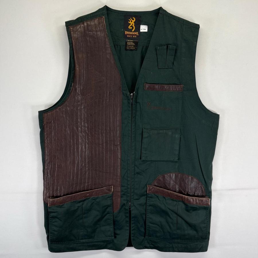 古着 BROWNING ベスト ハンティング ワーク フルジップ レザー 大きい