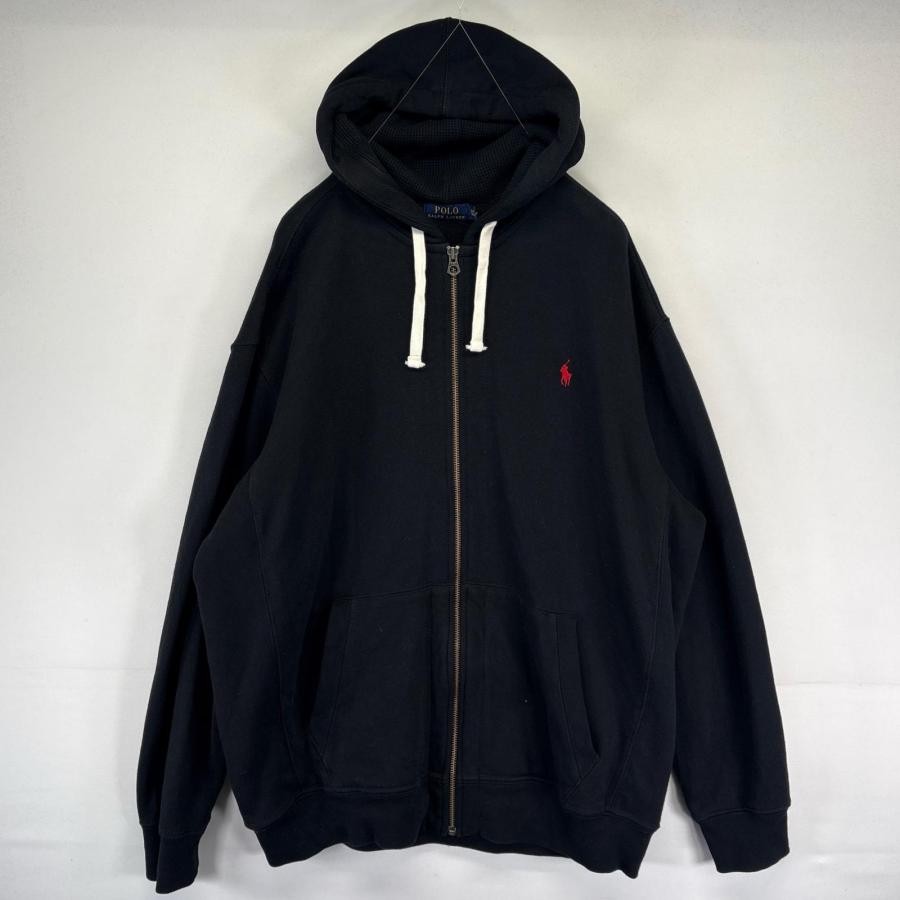 古着 ポロ・ラルフローレン POLO RALPH LAUREN パーカー フルジップ 裏地サーマル ワンポイントロゴ 2XL  ブラック系 メンズ POLO RALPH LAUREN（ポロ・ラルフローレン） 古着 パーカー フルジップ