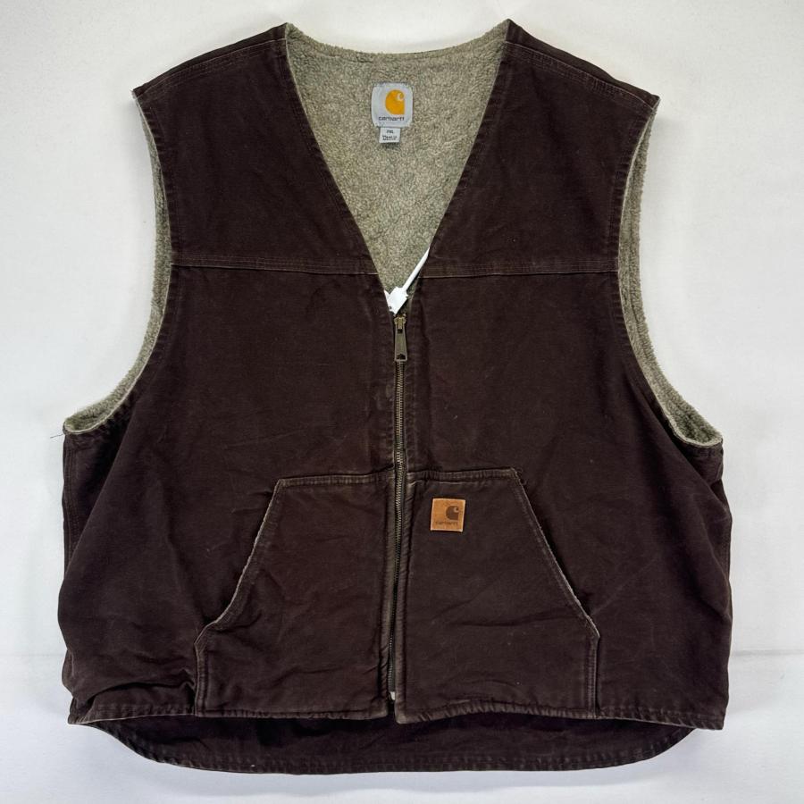 古着 カーハート Carhartt ダック ジャケット ダック フルジップ ワンポイントロゴ ボアライナー ワーク 2XL  ブラウン系 メンズ Carhartt（カーハート） 古着 ダック ジャケット ダック フルジップ