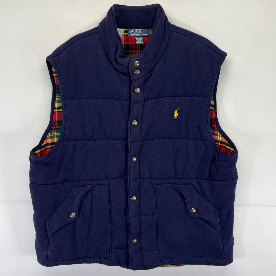 古着 ポロバイラルフローレン Polo by Ralph Lauren ベスト ワンポイント ロゴ 大きいサイズ 裏地チェック 2XL  ネイビー系 メンズ 古着 ポロバイラルフローレン Polo by Ralph Lauren ベスト ワン