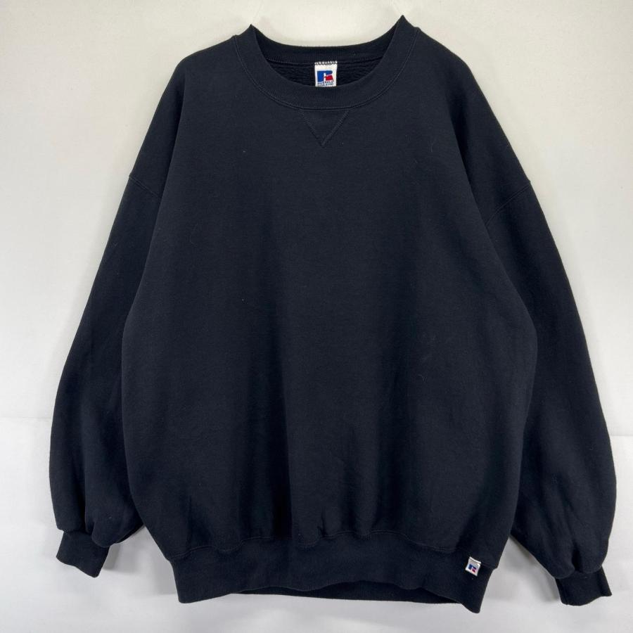 古着 90's/90年代 ラッセル Russell USA製 スウェット 大きいサイズ クルーネック トレーナー 前Vガゼット 2XL  ブラック系 無地 メンズ 古着 90's/90年代 ラッセル Russell USA製 スウェット 大きいサイズ