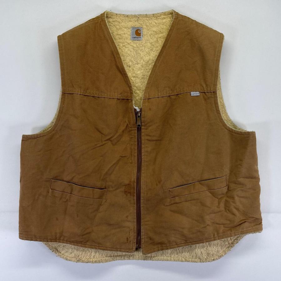 古着 80's/80年代 カーハート Carhartt USA製 ダック ベスト フルジップ ボア ワーク 大きいサイズ 2XL  ベージュ系 メンズ Carhartt（カーハート） 古着 80's/80年代 Carhartt USA製 ダック